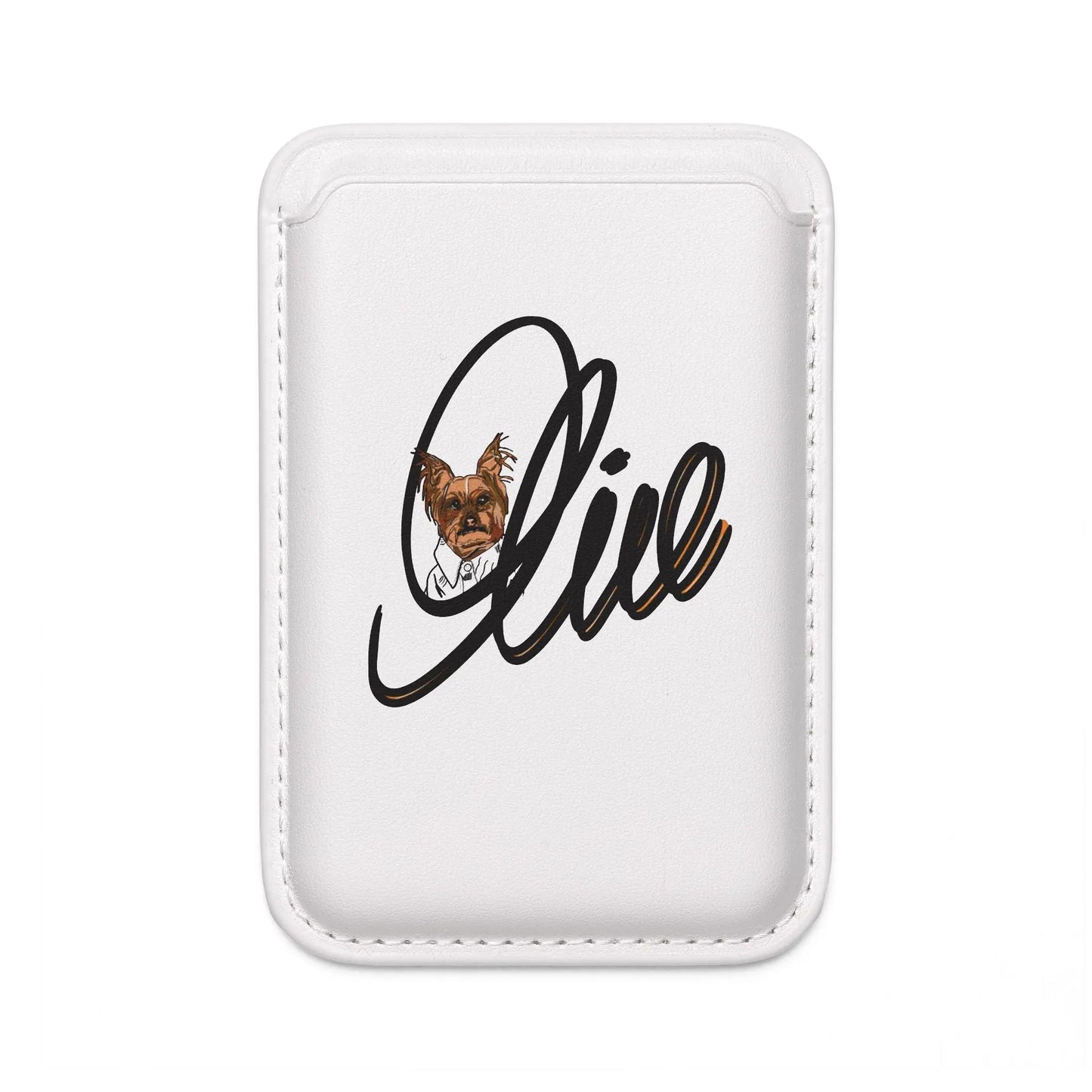 Magsafe Vegan Wallet — 'Olive' Script with Yorkshire Terrier miloenergy.cozy