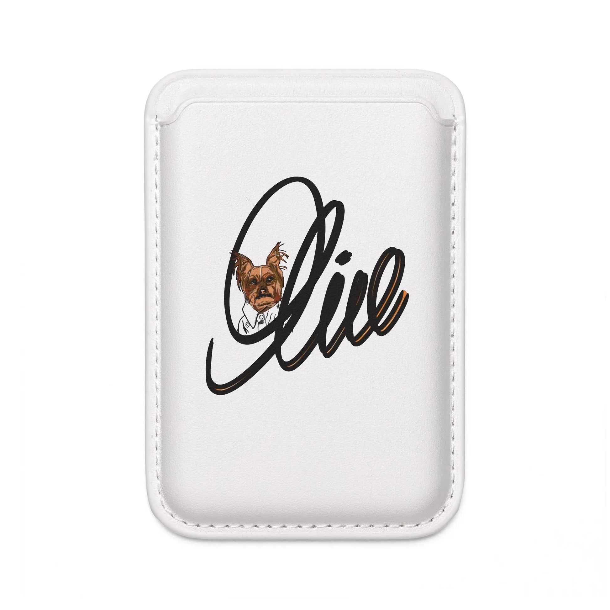 Magsafe Vegan Wallet — 'Olive' Script with Yorkshire Terrier miloenergy.cozy